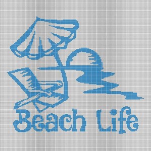 May include: A blue graphic design featuring a beach umbrella, a lounge chair, and a sunset over the water. The words "Beach Life" are written in a stylized font below the beach scene. The design is set against a grid background.