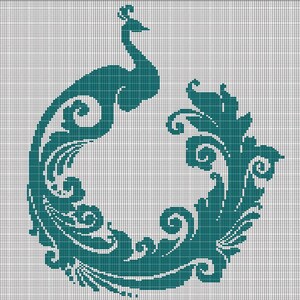May include: Teal blue peacock design with intricate floral details, perfect for cross-stitch or embroidery projects.