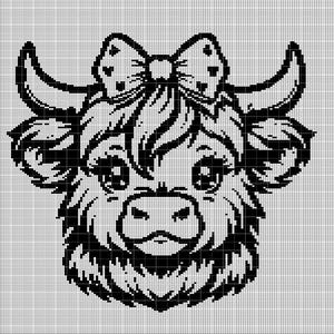 May include: Black and white illustration of a Highland cow's head with a large bow on top. The cow has a sweet expression and large eyes.