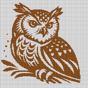 May include: Brown owl with detailed feathers and large eyes, sitting on a branch. The owl is outlined in white against a white background.