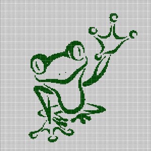 May include: A green frog illustration with a crown, set against a grid background. The frog is depicted in a stylized, cartoonish manner, with large eyes and a smiling expression. The crown is above the frog's head.
