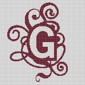 May include: A cross-stitch pattern featuring a dark red letter G centred within a decorative arrangement of swirling lines. The design is presented on a white grid background, clearly outlining the individual stitches for embroidery projects.