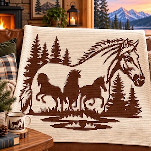May include: A cream-colored crochet blanket featuring a dark brown graphic design of a large horse head, two smaller horses running, and a forest of pine trees. The pattern is created with a repeating stitch texture on a soft fabric surface.