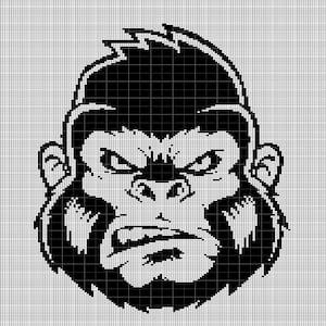 May include: Black and white pixel art illustration of a gorilla's face with a serious expression.
