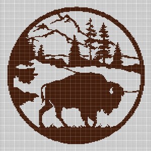 May include: A brown silhouette of a bison standing in a forest with trees. The image is in a circle and has a white background.