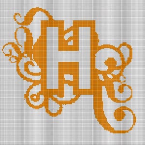 May include: A cross-stitch pattern on a grid featuring a large, bold, orange capital letter H. The letter is surrounded by intricate, swirling orange filigree designs that extend from the sides, all rendered in a pixelated style on a white background.