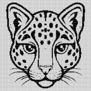 May include: Black and white pixel art illustration of a snow leopard's face. The snow leopard has black spots on its face and a white background.