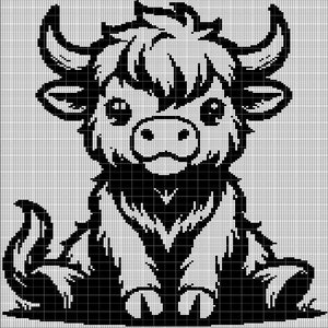 May include: Black and white pixel art illustration of a cartoon bull with a fluffy mane, sitting with its legs crossed. The bull has large eyes and a friendly expression.