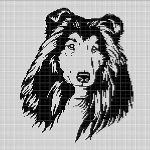 May include: Black and white pixel art image of a dog's head. The dog has long, flowing hair and a serious expression.