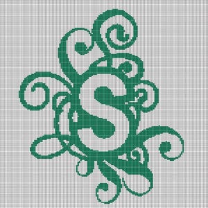 May include: A cross-stitch pattern featuring a dark green letter S centred within a decorative frame of swirling, ornate lines. The design is presented on a white grid background, clearly showing the individual stitches for embroidery projects.