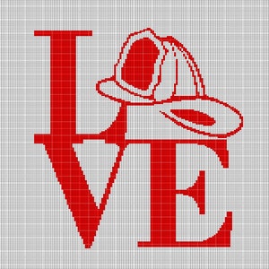 May include: Red cross-stitch design of the word "LOVE" with a red firefighter helmet on top of the "O".