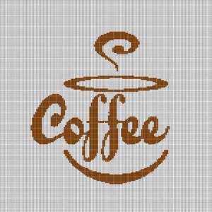 May include: Brown "Coffee" text design with a coffee cup illustration on a white background with a grid pattern. The word "Coffee" is in a cursive font.