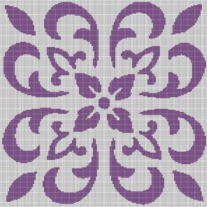 May include: A square tile design featuring a symmetrical pattern in shades of purple against a white grid background. The design includes floral and scroll-like elements, creating a decorative and ornate appearance. The tile is suitable for home decor.