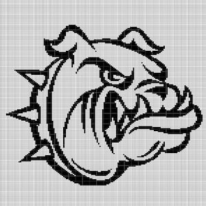 May include: Black and white stylized illustration of a bulldog's head with a spiked collar. The bulldog has a fierce expression with its mouth open and teeth showing.