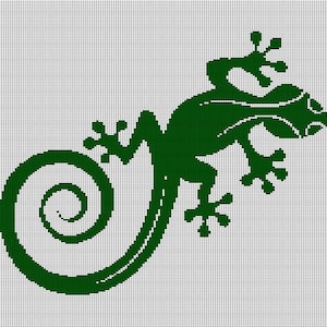 May include: A dark green lizard silhouette with a curled tail, set against a grid background. The lizard is depicted in a stylized, graphic design, with detailed feet and a textured body. The design is suitable for various applications.