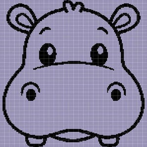 May include: Black and white line drawing of a cartoon hippopotamus with big eyes and a small mouth. The hippo is facing forward and has a simple, rounded shape.