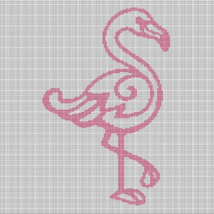 May include: A pink flamingo design on a grid background. The flamingo is stylized with curved lines and a decorative swirl on its body. The bird is standing on one leg, with its head and beak curved.