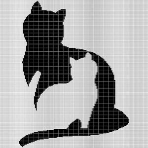 May include: Black silhouette of a cat sitting with its tail curled around its body. The cat is facing to the right. The image is on a white grid background.