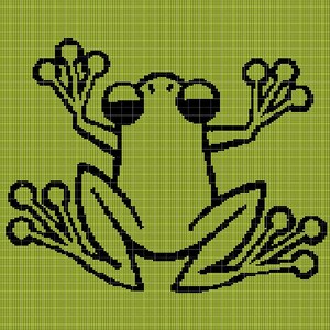 May include: A black and green pixelated frog illustration on a lime green background. The frog is depicted with large eyes, outstretched limbs, and webbed feet. The design has a retro, digital art style.