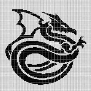 May include: Black dragon illustration with a detailed design. The dragon is depicted in a coiled pose, with its head and claws visible. The artwork is set against a grid background, emphasizing the pixelated style.