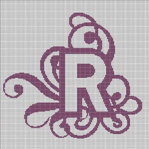 May include: A cross-stitch pattern on a white grid background featuring a large, bold, uppercase letter R in a deep purple colour. The letter is surrounded by intricate, swirling, and decorative purple filigree elements that form a floral-like design.