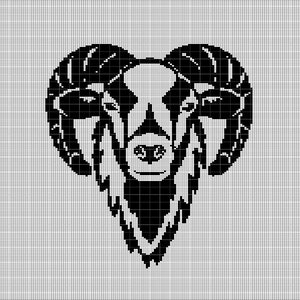 May include: A monochrome graphic depicting a ram's head, with prominent horns and a symmetrical design. The image is rendered in black and white, with the ram's face at the centre. The background is a grid.