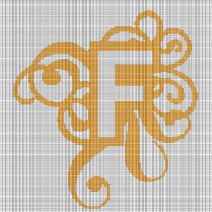 May include: A cross-stitch pattern featuring a large, bold, golden-yellow letter F centred on a white grid. The letter is surrounded by intricate, swirling golden-yellow filigree and scrollwork designs that extend outwards from the central character.