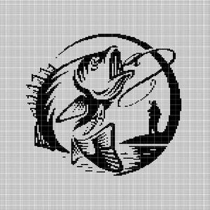 May include: Black and white graphic of a fish jumping out of the water with a fishing line and a fisherman in the background. The fish is in the center of a circular design.