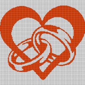 May include: A cross-stitch pattern featuring a large, solid orange heart shape on a white grid background. Inside the heart, there is a white, stylized graphic design consisting of two interlocking, curved shapes that create a central swirl.