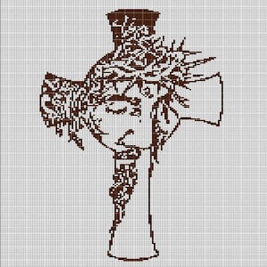 May include: A brown pixelated illustration of a cross with a face and a crown of thorns. The face has closed eyes and a serene expression. The cross is a traditional Christian symbol.