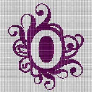 May include: A cross stitch pattern featuring a dark purple letter O centred within an ornate, swirling filigree design. The entire graphic is displayed on a white grid background, clearly showing the individual stitches for embroidery work.