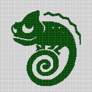 May include: Green silhouette of a chameleon with a curled tail, on a white background.