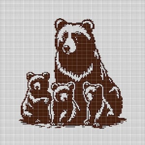 May include: A brown bear with two cubs. The bear family is sitting together, with the mother bear in the center and the cubs on either side. The bears are all looking at the viewer.
