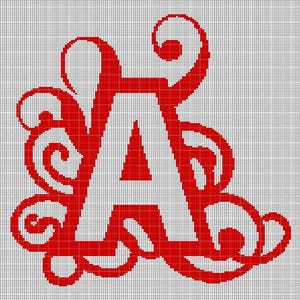 May include: A red cross-stitch pattern on a white grid background featuring the capital letter A. The letter is surrounded by intricate, symmetrical red scrollwork and swirling flourishes that extend from the sides and top of the character.