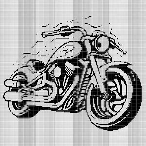 May include: Black and white pixel art illustration of a motorcycle. The motorcycle is facing the left side of the image and has a large front wheel.
