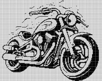 May include: Black and white pixel art illustration of a motorcycle. The motorcycle is facing the left side of the image and has a large front wheel.