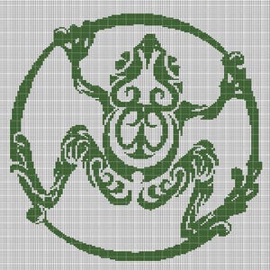 May include: A green, stylized graphic design featuring a central ornate emblem within a circular frame. The design has a symmetrical, organic aesthetic, with swirling patterns and detailed linework. The background is a grid of white squares.