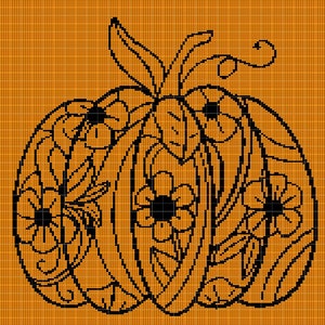 May include: Black and orange pumpkin with a floral design. The pumpkin is outlined in black and has a stem with leaves. The background is orange.