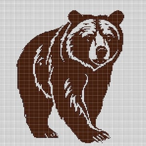 Può includere: Una silhouette di orso marrone in stile pixelato. L'orso è in piedi su tutte e quattro le zampe con la testa rivolta in avanti. Lo sfondo è bianco.