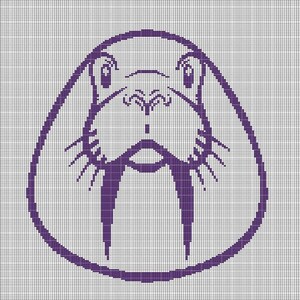 May include: A purple line drawing of a walrus with large tusks. The walrus is facing forward with its eyes closed. The drawing is on a white background.