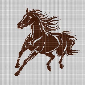 Puede incluir: Un caballo marrón con una melena y una cola fluidas está corriendo. El caballo está representado en un estilo pixelado, que se asemeja a un patrón de punto de cruz.