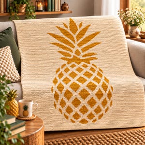Könnte beinhalten: Eine cremefarbene Häkeldecke mit einem großen, mittig platzierten Ananas-Motiv in Senfgelb. Das Ananas-Design ist in einer geometrischen Rautenstruktur gehalten, die sich vom einfarbigen cremefarbenen Hintergrund abhebt.
