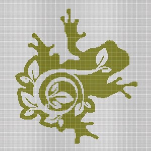 May include: A digital illustration of a green frog with a floral design. The frog is in a side profile, with its legs and arms extended. The floral design is a white spiral with leaves. The background is a grid.