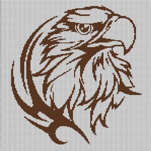 May include: A brown pixelated image of an eagle's head in profile. The eagle's eye, beak, and feathers are clearly defined. The design is created using a grid pattern, giving it a digital or cross-stitch appearance. The background is a light gray color.