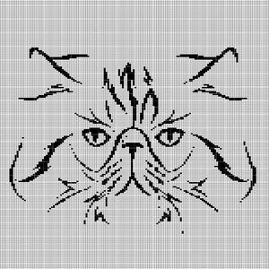 May include: Black and white pixelated image of a cat's face. The cat has large eyes, a small nose, and detailed whiskers. The image is a graphic representation of a cat's face, suitable for various craft projects.