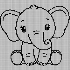 May include: A black and white line drawing of a cartoon elephant sitting with its legs crossed. The elephant has large eyes and a small trunk.