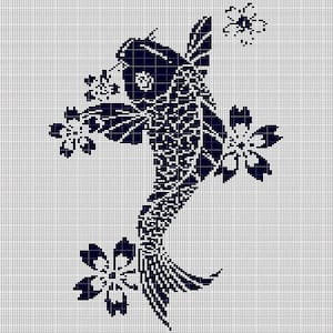 May include: Black and white cross stitch pattern of a koi fish swimming through a cluster of flowers.