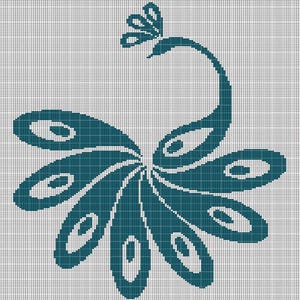 May include: A cross-stitch pattern featuring a stylized peacock design rendered in dark teal on a white grid background. The bird is depicted with a long, curved neck and a fanned tail consisting of several oval-shaped feathers with central eye motifs.