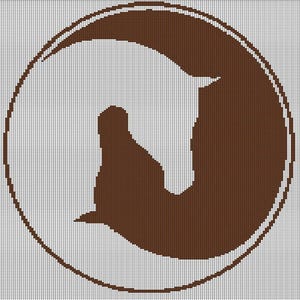 May include: A brown and white circular logo featuring a horse head and rider silhouette. The horse head is white, and the rider is brown. The logo is set against a white background with a grid pattern.