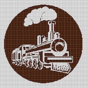 Puede incluir: Un patrón de punto de cruz marrón y blanco de un tren con humo saliendo de la chimenea. El tren está sobre un fondo marrón.